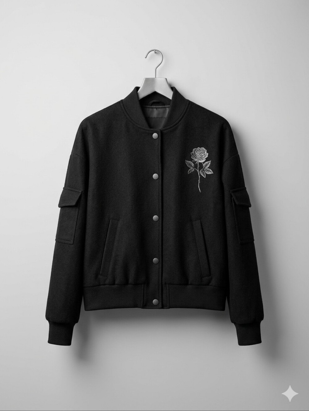 BLVCK Black Varsity Rose Embroidery Wool Blend Bomber Jacket Sz M Baddy Preppy